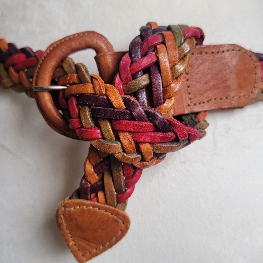 Brown Multi Colored Braided Leather‎ Belt Boho Woven Made in USA Size Large